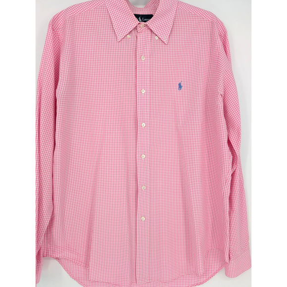 VTG Ralph Lauren Classic Fit Shirt Pink Gingham Check Cotton Pony Logo Mens LRG - Picture 4 of 10